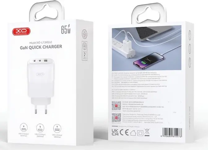 XO L139 65W GaN Quick Charger, 3-Port (2xUSB-C, 1xUSB-A) PD 3.0/QC 4.0+ Wall Adapter for Laptops, Tablets and Smartphones, White