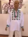 Benefis J 0382(6045) National Moldavian Boy's Shirt, White Magpie Fabric, Long Sleeve with Green and Yellow Machine Embroidery and Red Tassel Tie