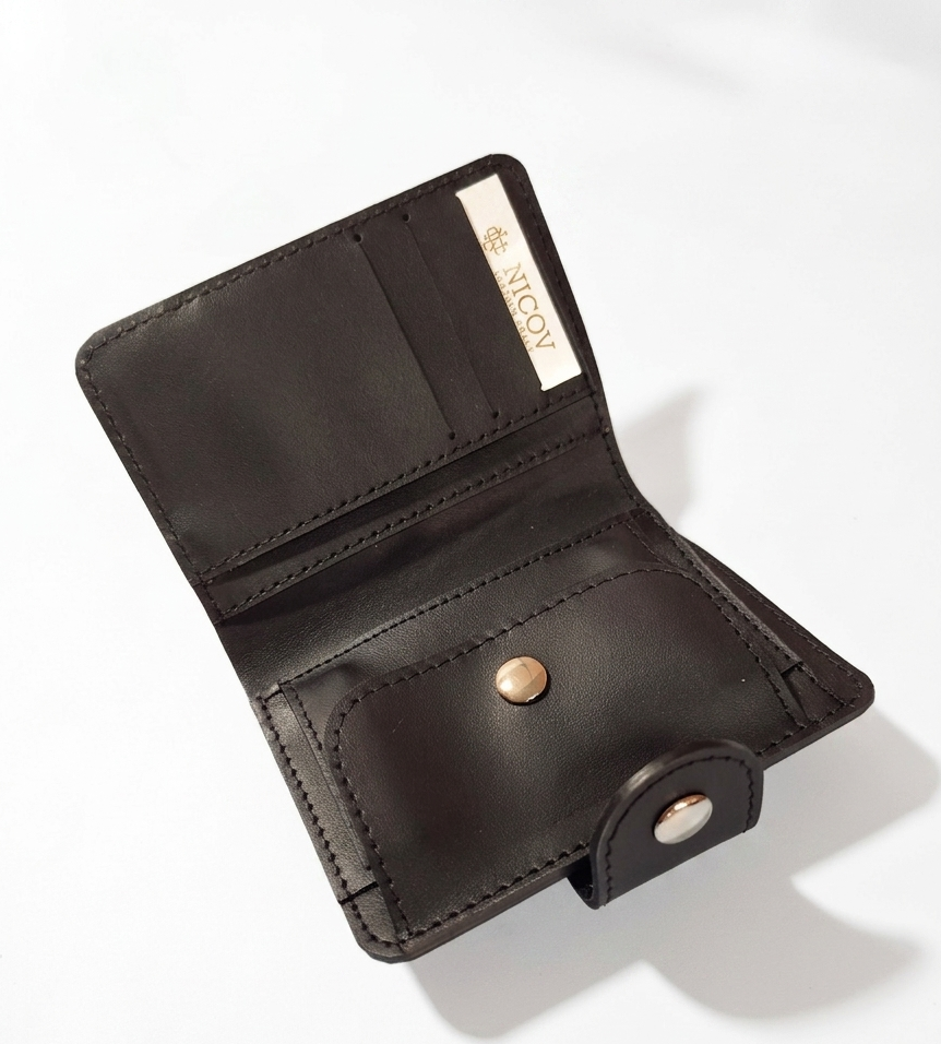 NICOV Book Type Wallet, Black with relief, Handmade 100% Natural Leather, 13 x 10 cm, with Coin Pocket, Card and Document Slots, Snap Button Closure