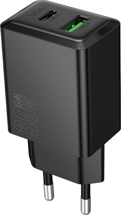 Hoco N71 New Wall Charger PD 30W + QC 3.0 Dual Port USB-C and USB-A Fast Charging Adapter EU Plug Black (Cable Not Included)