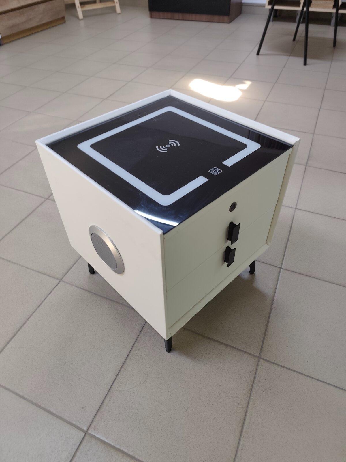 Smart Bedside Table Nightstand with Fingerprint Lock, Wireless Charging, Bluetooth Speakers, USB and Type-C Ports, LED Light, Wood and Glass