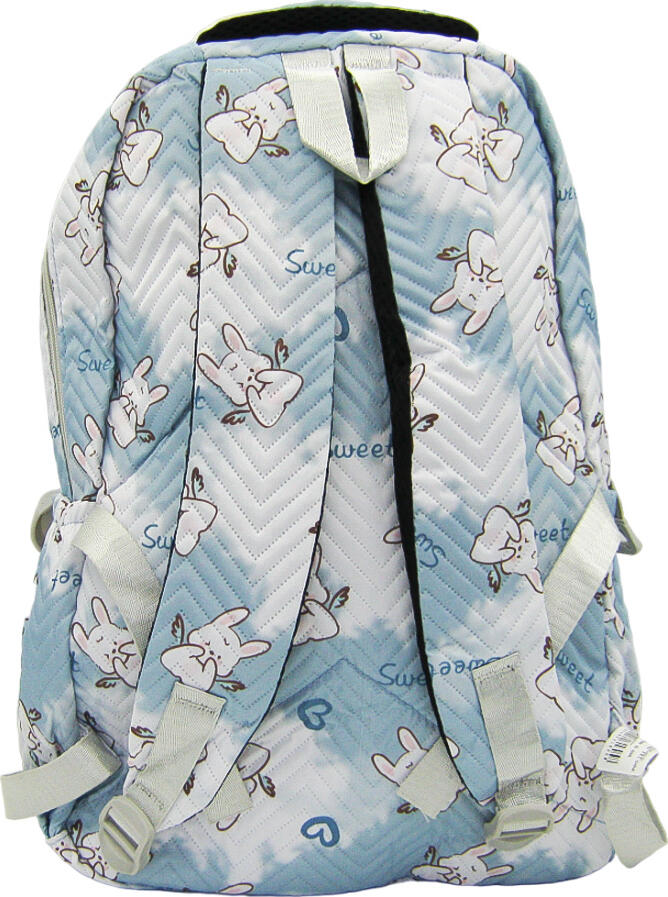 Sweet 605R School Backpack, Light Blue Polyester with White Rabbit Pattern, Multiple Compartments, Durable Textured Daily Bag