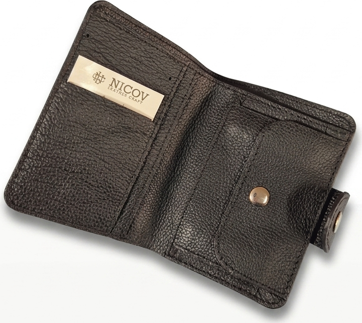 NICOV Book Type Wallet, Black with relief, Handmade 100% Natural Leather, 13 x 10 cm, with Coin Pocket, Card and Document Slots, Snap Button Closure