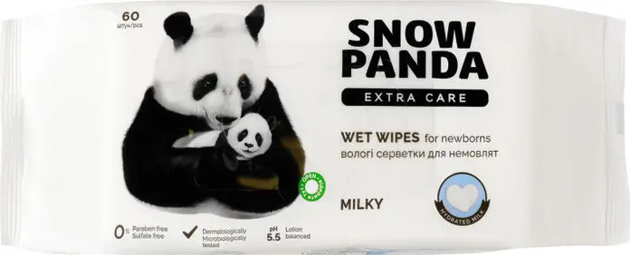 Snow Panda Extra Care Silky Wet Wipes for Newborns 0+, Hypoallergenic, pH 5.5 with D-panthenol, Alcohol and Paraben Free, 60 pcs