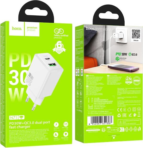 Hoco N71 New Wall Charger PD 30W + QC 3.0 Dual Port USB-C and USB-A Fast Charging Adapter EU Plug White