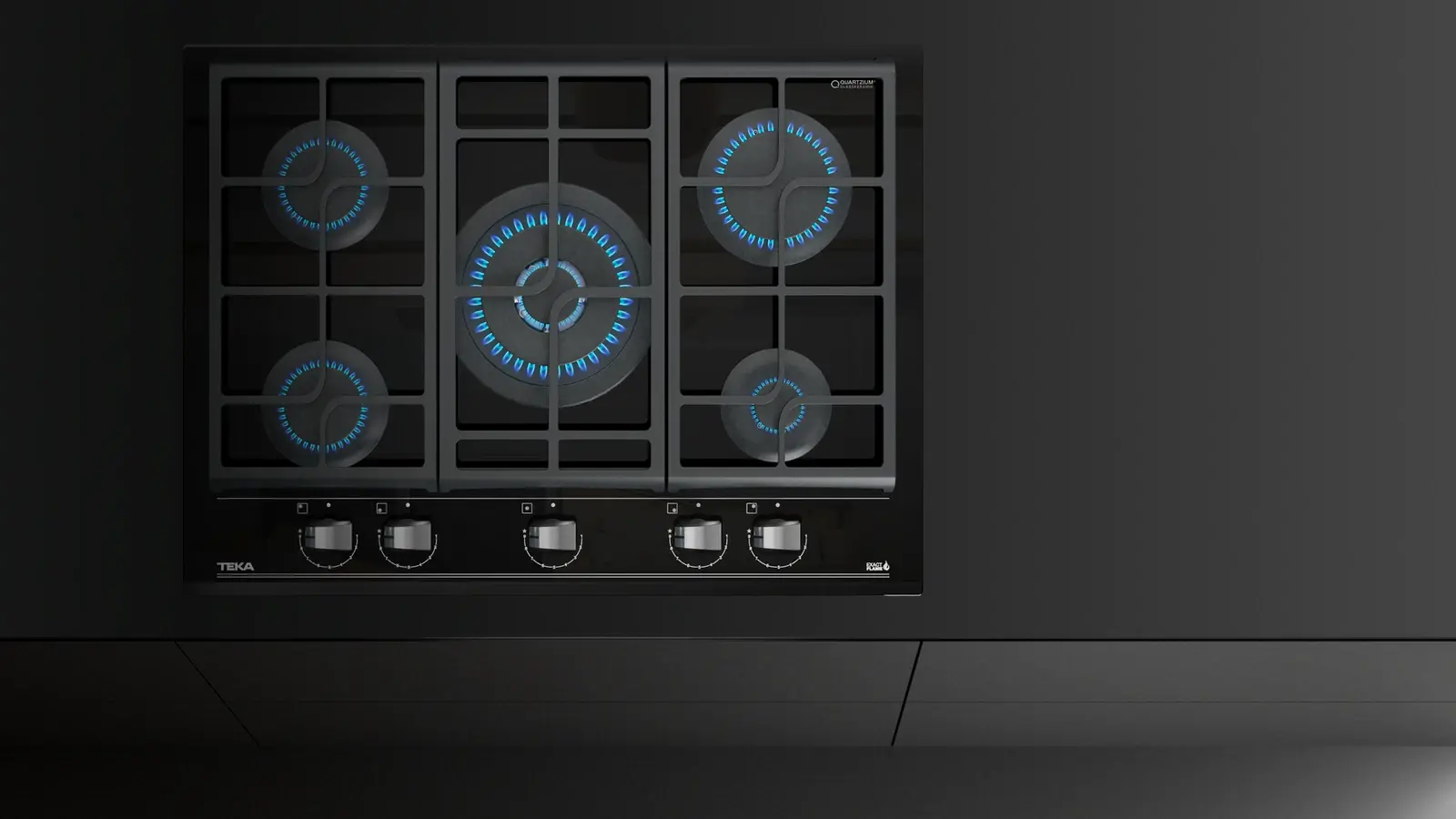 Teka GZC 75330 Gas on Glass Hob, 5 Burners with ExactFlame Control, SABAF High-Efficiency Burners, Cast Iron Grids, Night River Black Ceramic Glass