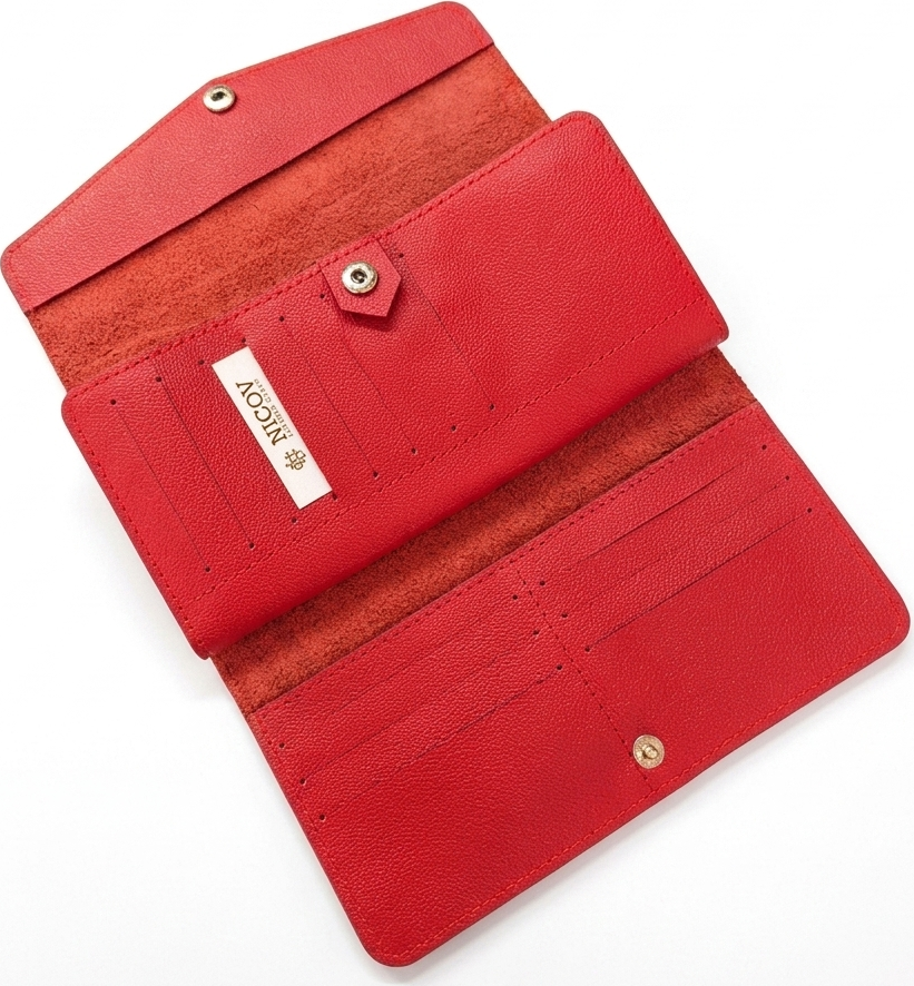 NICOV Double Angle Ladies Wallet, Red, Handmade Natural Leather, 20x10 cm, 4 Banknote Compartments, 14 Card Slots, Zippered Coin Pocket, Button Closure