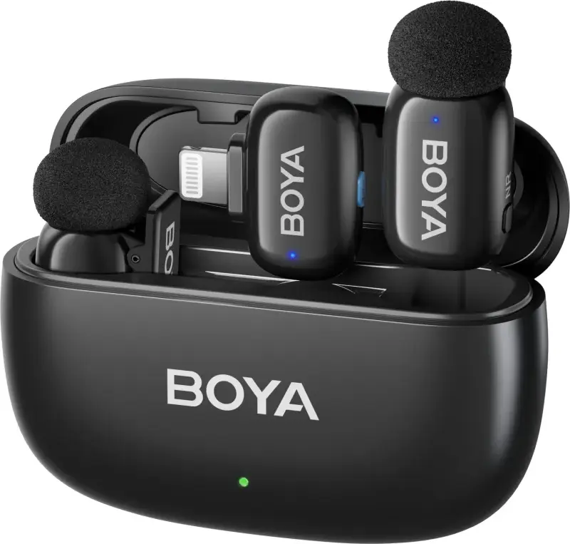 Boya Mini-15 Dual Wireless Lavalier Microphone Kit for iOS Lightning, 2.4GHz Digital, 3-Level AI Noise Cancellation, 100m Range, Charging Case, Black