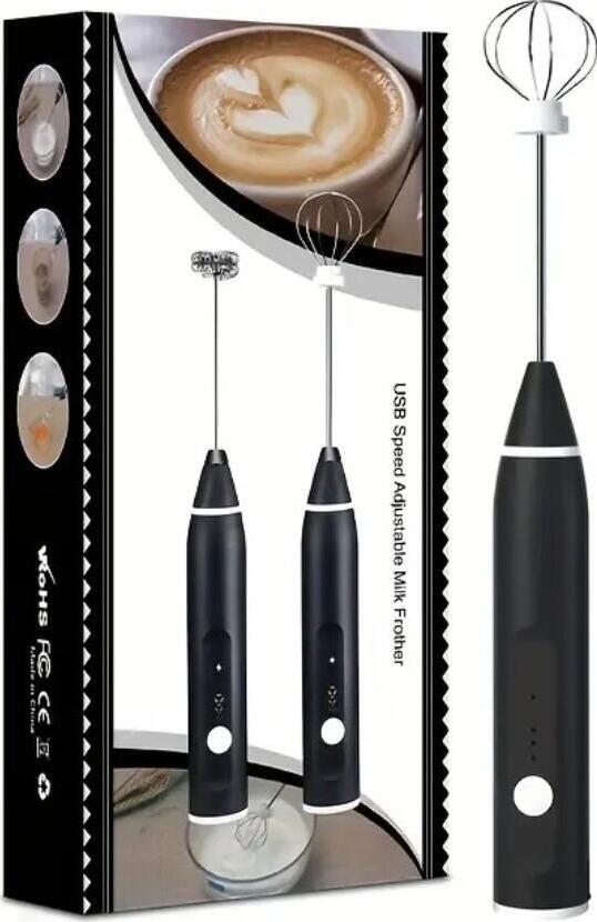 QUTAII Handheld Milk Frother, USB Rechargeable 3-Speed Electric Foam Maker with 2 Stainless Steel Whisks for Coffee, Latte, Matcha and Egg Beating