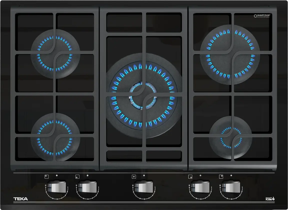 Teka GZC 75330 Gas on Glass Hob, 5 Burners with ExactFlame Control, SABAF High-Efficiency Burners, Cast Iron Grids, Night River Black Ceramic Glass
