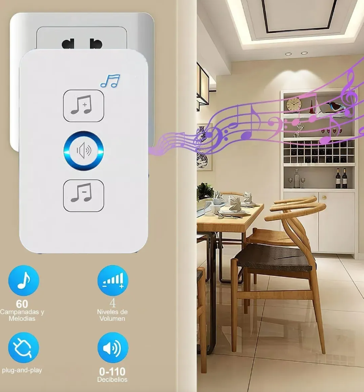Kit Sonerie Wireless Tecknet, Set de 3 piese (1 Transmiter, 2 Receptoare), Raza 100m, 62 de Melodii, 4 Nivele Volum, IP44 Rezistenta la Apa