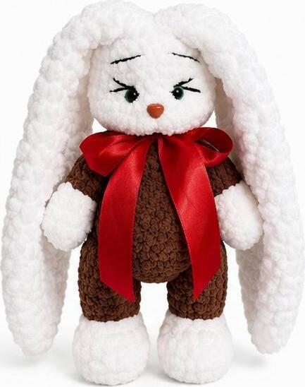 INKA1002 Iepuras de Pluș crosetat Handmade, Jucarie de Pluș. Moale și Pufos, 25 cm, Alb și Maro cu Fundă de Satin Roșie, Cutie de Prezentare Produs, Recomandat pentru copii, Fabricat in Moldova.