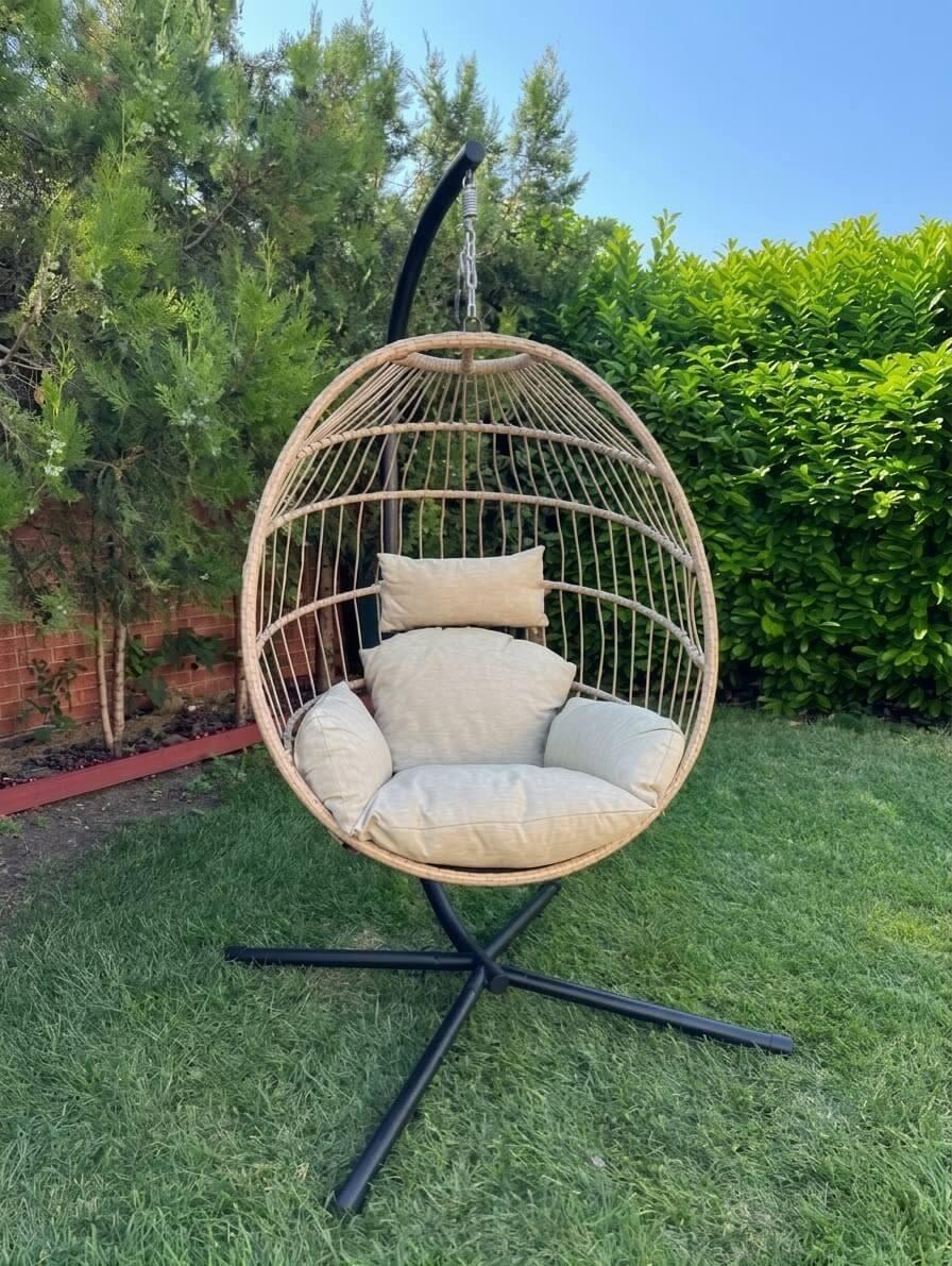 Scaun suspendat tip ou COCO pentru interior si terasa, Bej, inaltime 195 cm, perne repelente la apa, cadru metalic, set de 3 piese