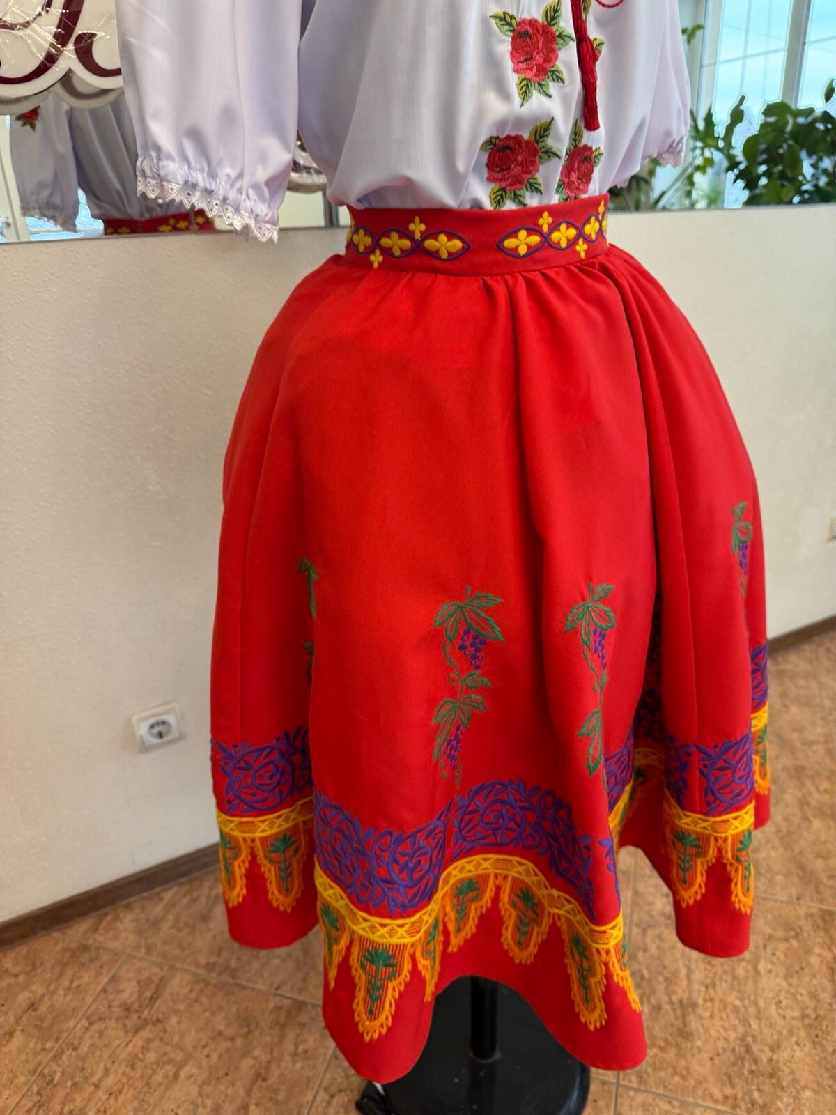Benefis Moldovan National Traditional Skirt J 0363(4931) for Women, Red Natural Material with Grape and Vine Embroidery in Green, Purple, Yellow, and Blue