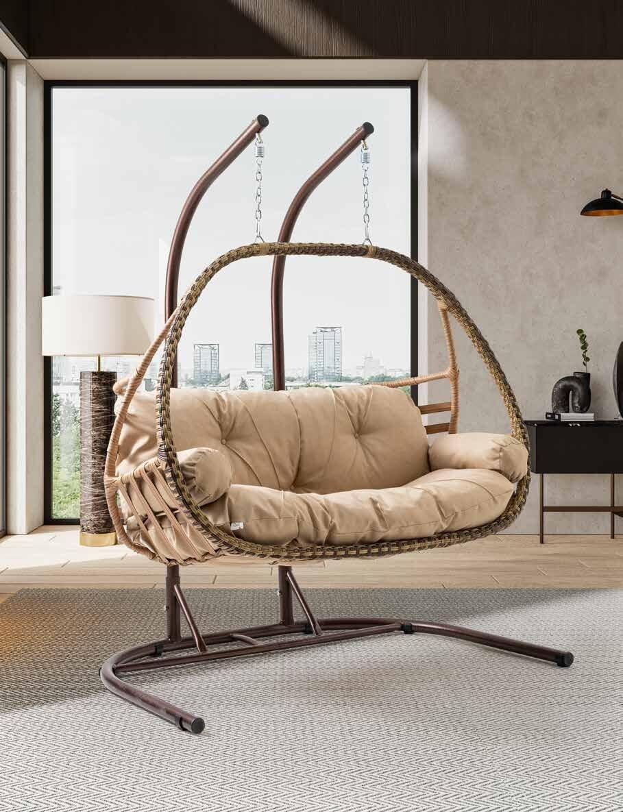 Malta Double Egg-Shaped Swing Chair, Brown Rattan Basket with Metal Frame, 2 Person Capacity, Max Load 250kg, 160x115x210 cm, with Soft Cushions