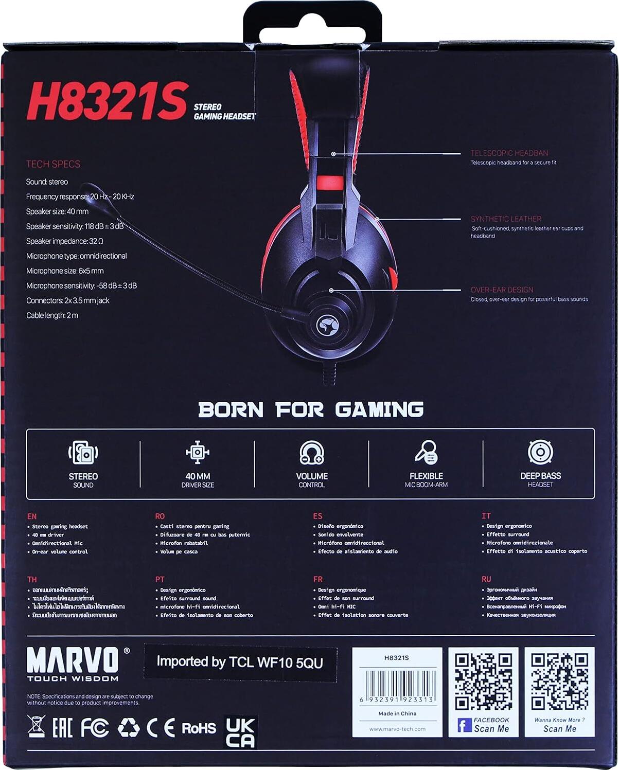 Marvo H8321S Lightweight Stereo Gaming Headset, 40mm Drivers, Omnidirectional Microphone, Synthetic Leather Ear Cups, 2m Cable, Black, for PC