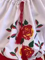 Benefis National Blouse J 0386(6049), White Shirt Fabric, Floral Rose Machine Embroidery, Lace Trim and Red Tassels, Puffy Short Sleeves