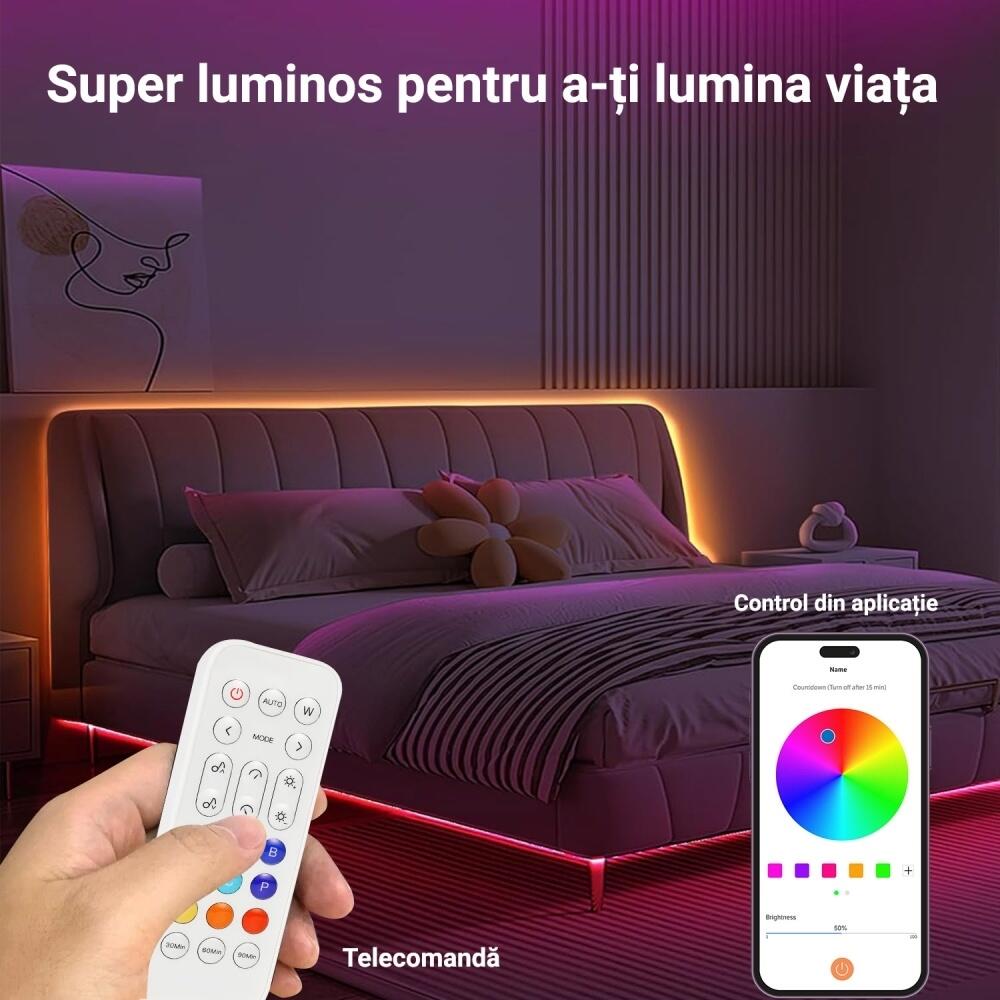 Kit Bandă LED ProLed COB RGB 5m, 24V, Lumină Continuă Fără Puncte, Control Smart App, Sincronizare Muzică, Unghi 180°, Autoadeziv 3M, Plug-and-Play