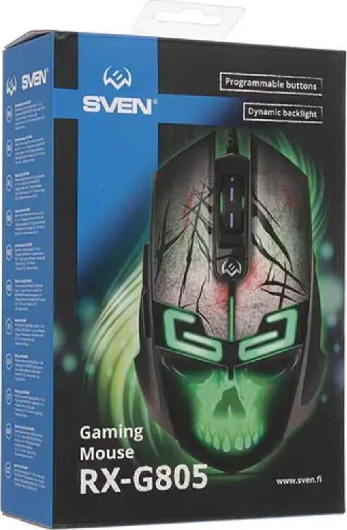 SVEN RX-G805 Programmable Gaming Mouse, 8000 DPI Optical Sensor, 6 Buttons, RGB Backlight, Braided USB Cable, Ergonomic Design