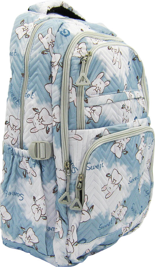 Sweet 605R School Backpack, Light Blue Polyester with White Rabbit Pattern, Multiple Compartments, Durable Textured Daily Bag