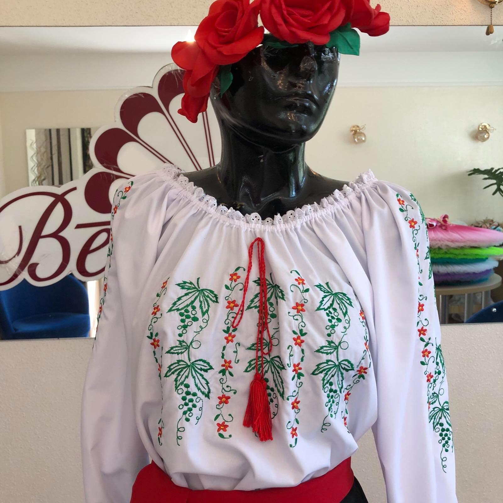 IE Nationala Moldoveneasca Benefis J 0393(4077), Material Camasa, Alb, Broderie Masina cu Struguri si Flori, Dantela Naturala, Maneca Lunga
