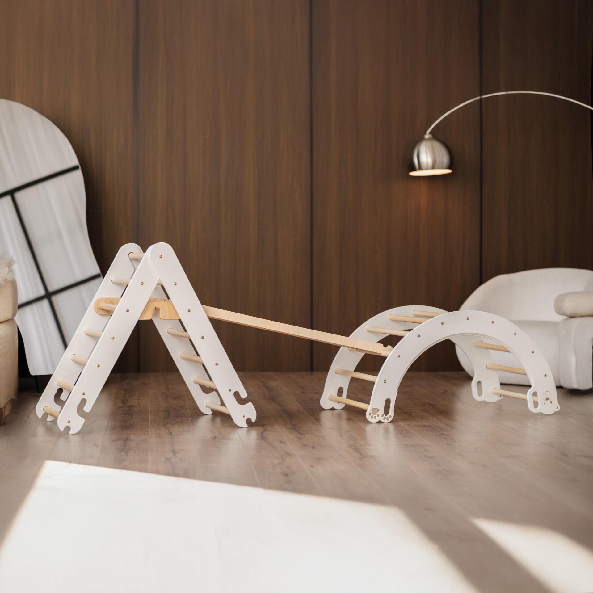 Set de Joacă Modular Pikler Oli.Lioli Bârlog 7-în-1, Triunghi de Cățărat din Lemn, Leagăn în Formă de Urs și Rampă, Gimnastică Montessori pentru Copii 0-10 ani