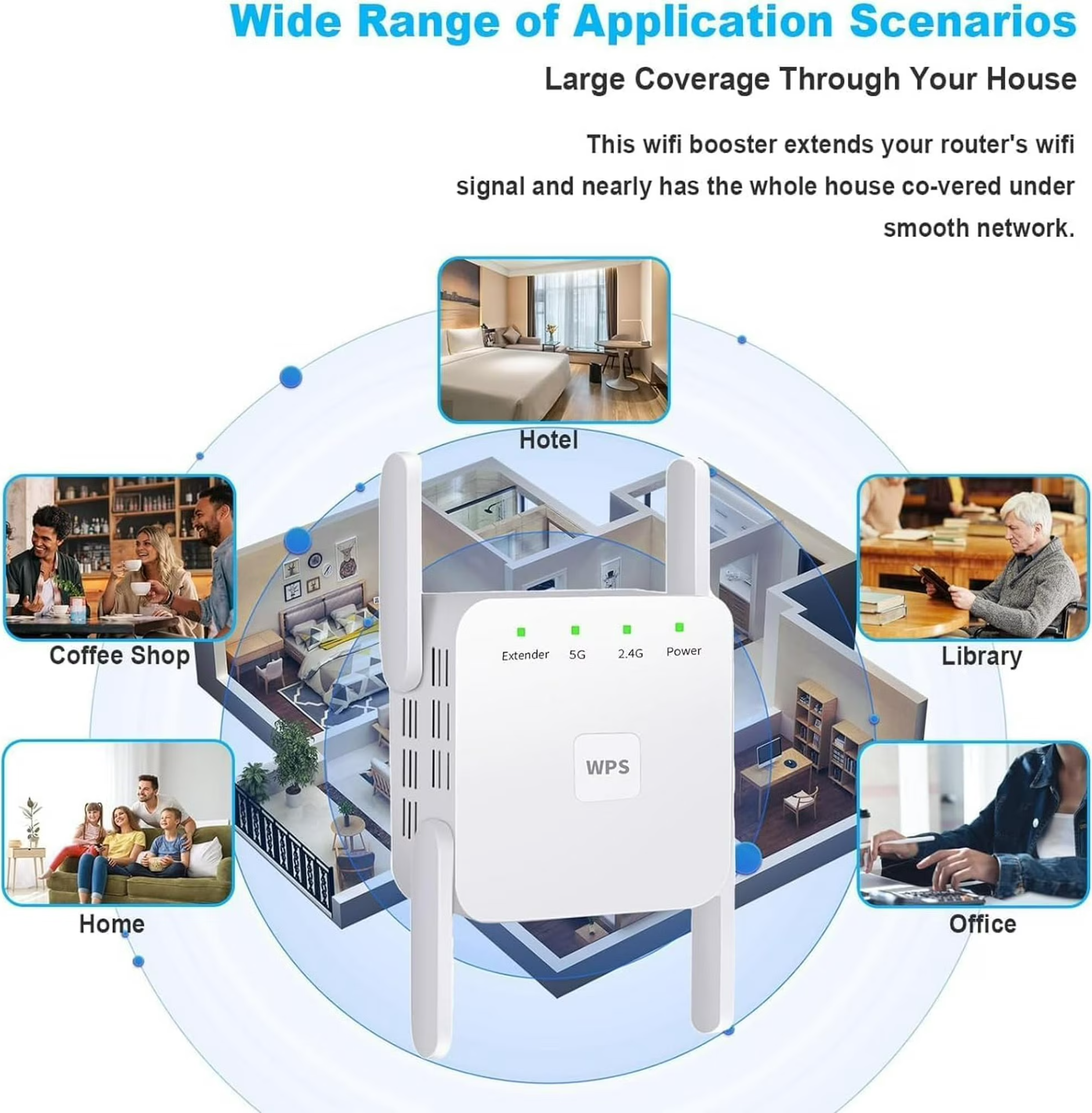 AC1200 Dual Band Wi-Fi Repeater Extender, 4 High-Gain Antennas, 1200Mbps, 2.4GHz & 5GHz, 10m Range, WPS Setup, Universal Router Compatible