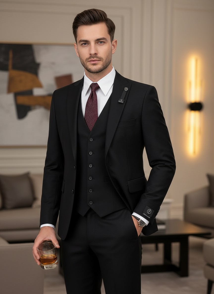 Classic Men's 3-Piece Slim Fit Suit - Single Breasted Jacket, Vest and Flat-Front Trousers for Business and Formal Events - Size 56 (EU)