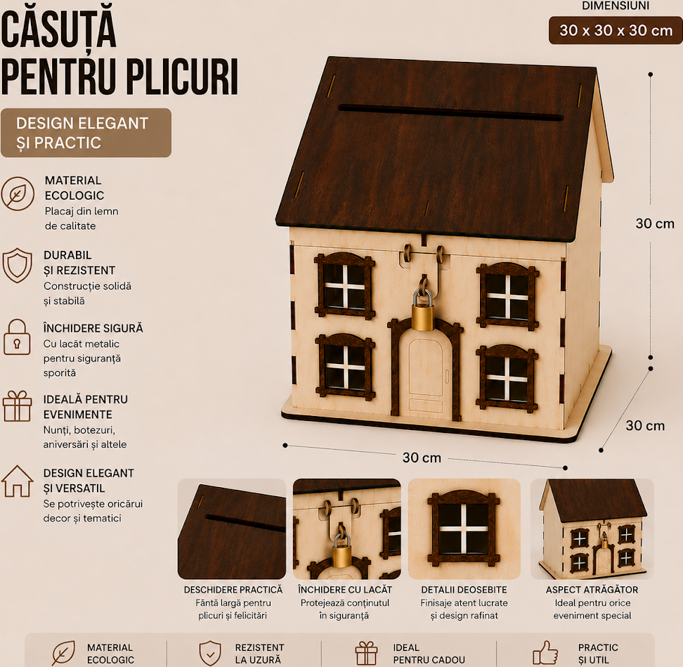 Lemica House-Shaped Envelope Box for Weddings and Events, Eco-friendly Plywood, 30x30x30 cm, Brown Roof, Natural Wood with Metal Padlock
