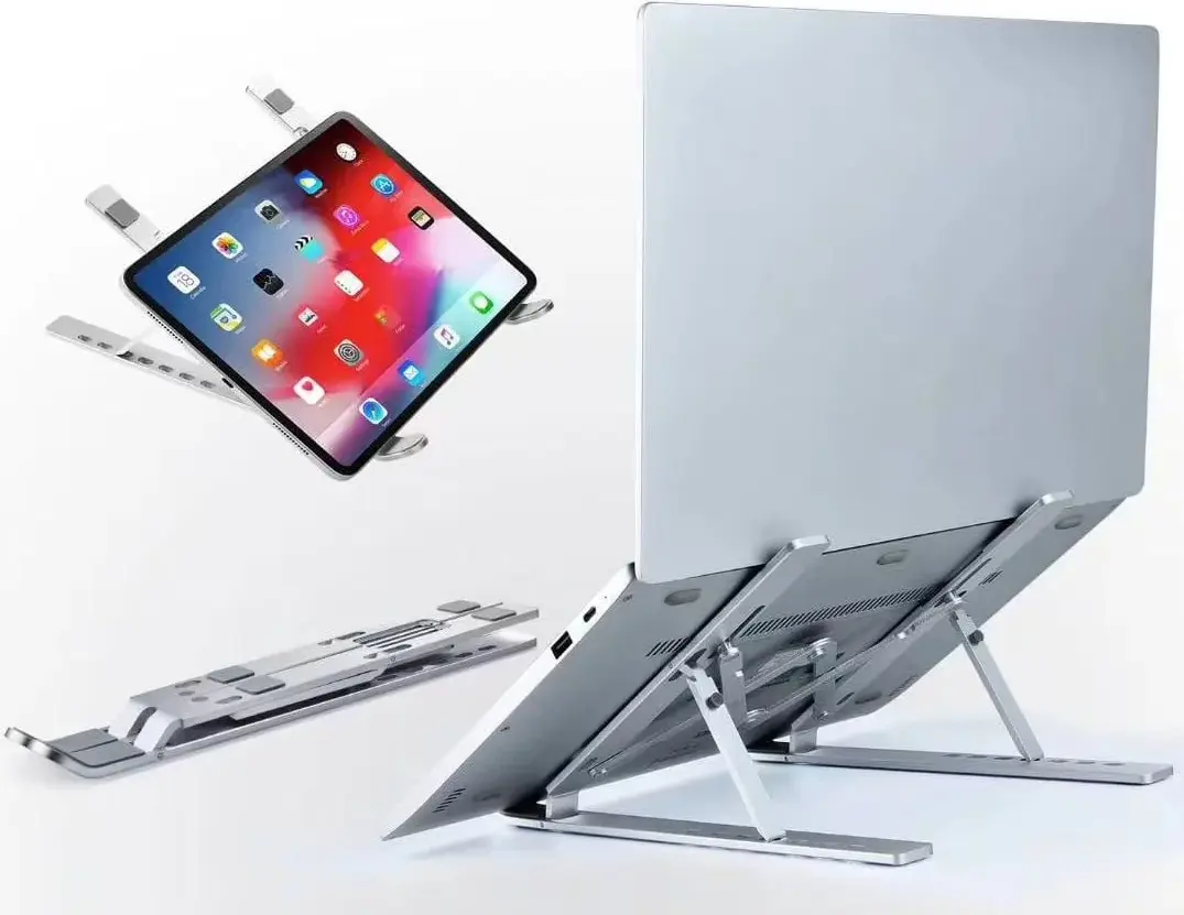 Universal Aluminum Foldable Laptop Stand, 7-Level Adjustable Ergonomic Portable Holder for Laptops and Tablets, Cooling Design, Storage Pouch