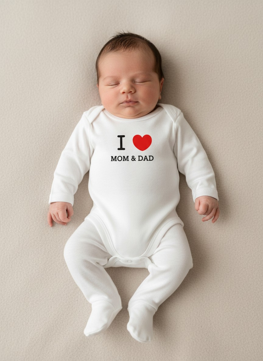 Newborn Baby Clothes Set 6-9 Months, 100% Cotton Unisex White Outfit, Long-Sleeve Bodysuit and Footed Leggings, "I Love Mom & Dad" Design
