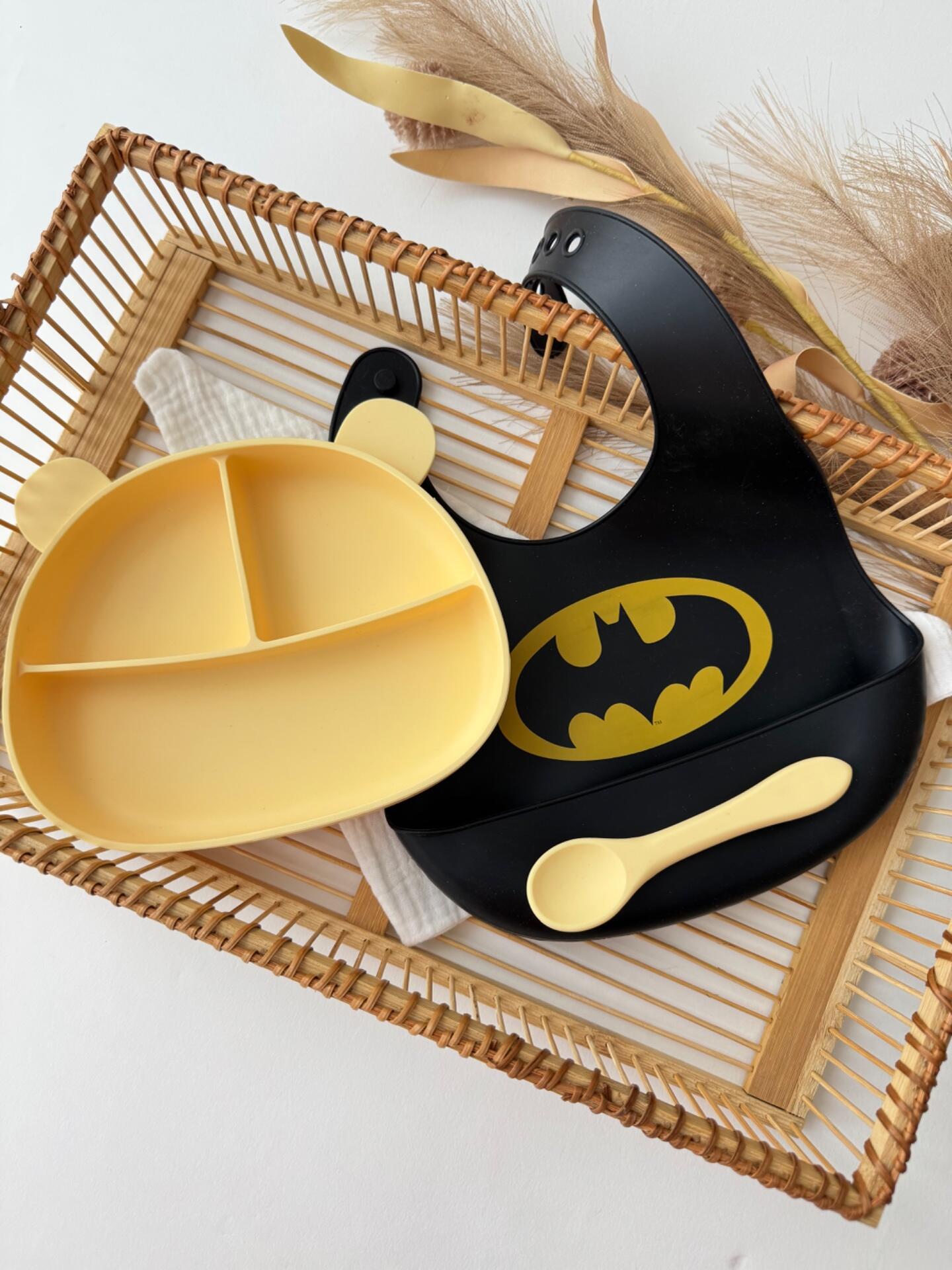 Batman 3-Piece Silicone Baby Feeding Set - BPA-Free Food-Grade Suction Plate, Adjustable Bib and Spoon, Microwave and Dishwasher Safe