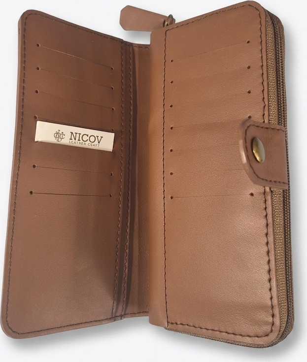 Nicov BIG Large Genuine Leather Wallet, Brown, 5 Banknote Compartments, 14 Card Slots, Zippered Coin Pocket, 20cm x 9cm