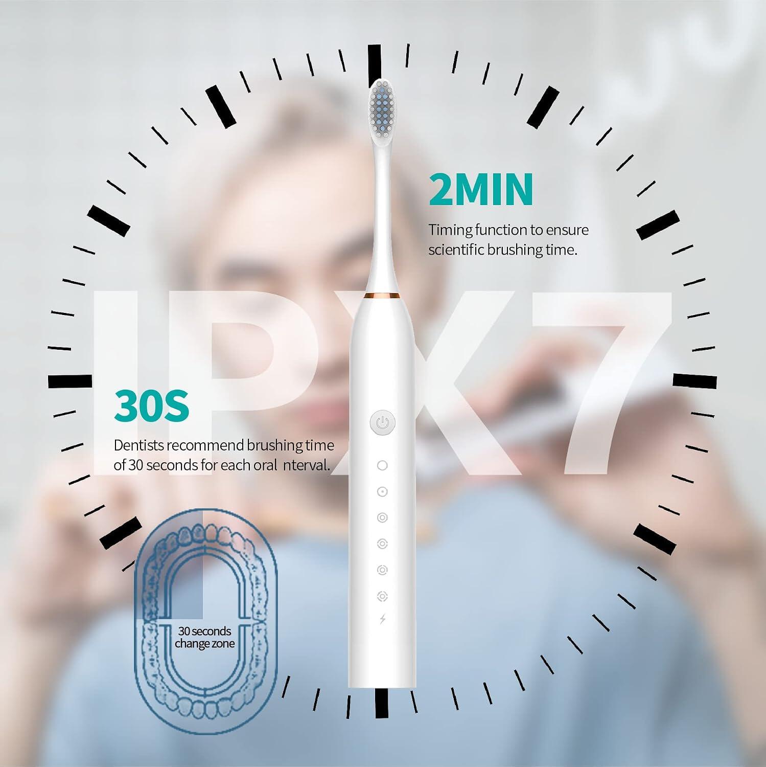 X3 Sonic Electric Toothbrush, IPX7 Waterproof, 42,000 Vibration/min, 5 Cleaning Modes, 30-Day Battery Life, 4 Replacement Heads, Smart Timer