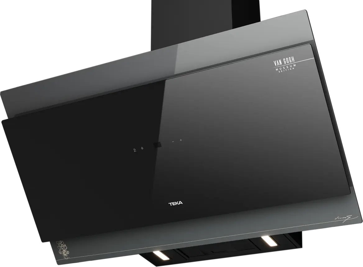 Hota Decorativă Verticală Teka DVT-VG 98660 Ediție Van Gogh Museum, Sticlă Neagră și Oțel Champagne, 900mm, Motor EcoPower, Control Touch, Iluminare LED