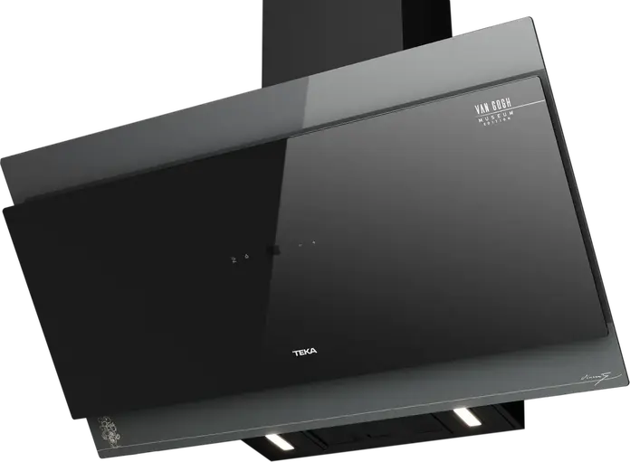 Hota Decorativă Verticală Teka DVT-VG 98660 Ediție Van Gogh Museum, Sticlă Neagră și Oțel Champagne, 900mm, Motor EcoPower, Control Touch, Iluminare LED