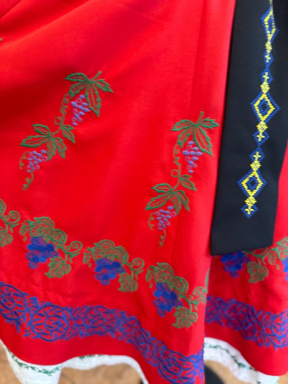 Benefis Moldovan National Skirt J 0126, Traditional Red Embroidery with Grape and Floral Motifs, White Lace Trim, Natural Materials