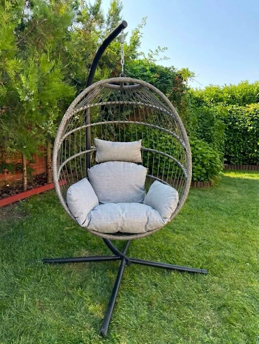 Scaun suspendat tip ou COCO pentru interior si terasa, Culoare: Gri, inaltime 195 cm, perne repelente la apa, cadru metalic, set de 3 piese