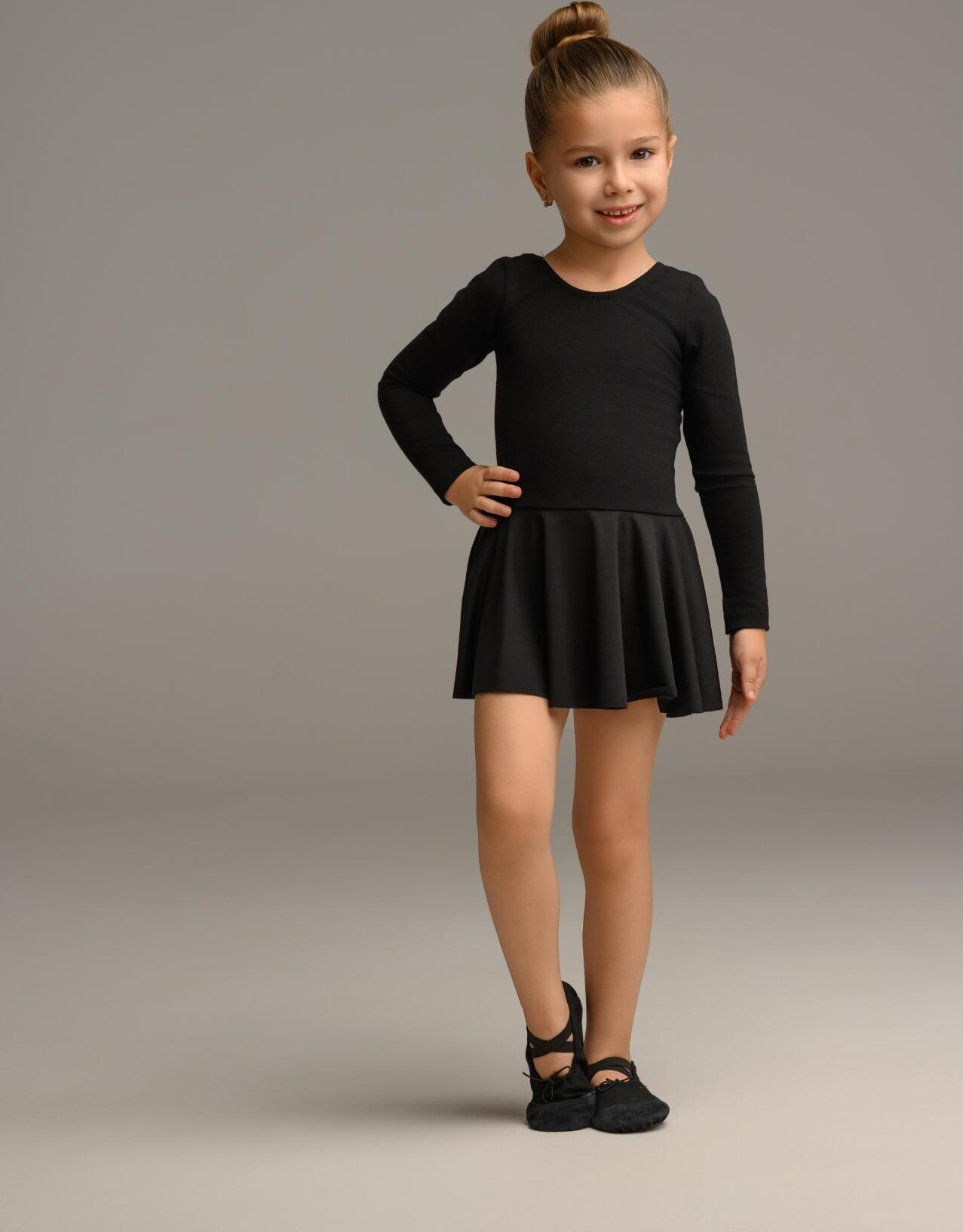 Costum Dans Copii GlobalSportDans Rochita Eva, Set Body din Bumbac si Fustă din Poliamid, Negru, 116-128 cm, Maneca Lunga