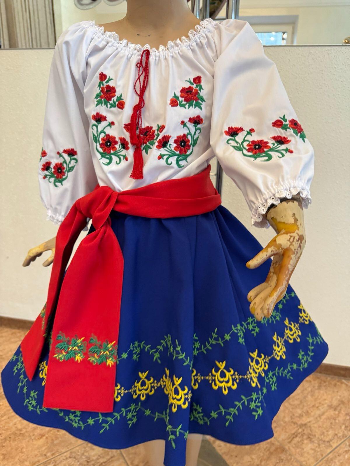 Fustă tradițională națională moldovenească pentru copii Benefis J 0374(4942), Albastru Regal, Materiale Naturale, Broderie Florală, Mărime M