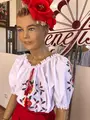 Benefis National Blouse J 0386(6049), White Shirt Fabric, Floral Rose Machine Embroidery, Lace Trim and Red Tassels, Puffy Short Sleeves
