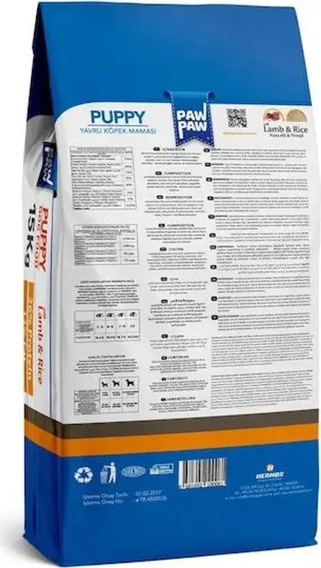 Hrana uscata pentru puii de caine Pawpaw cu miel si orez, toate rasele, Omega 3 & 6, 15 kg
