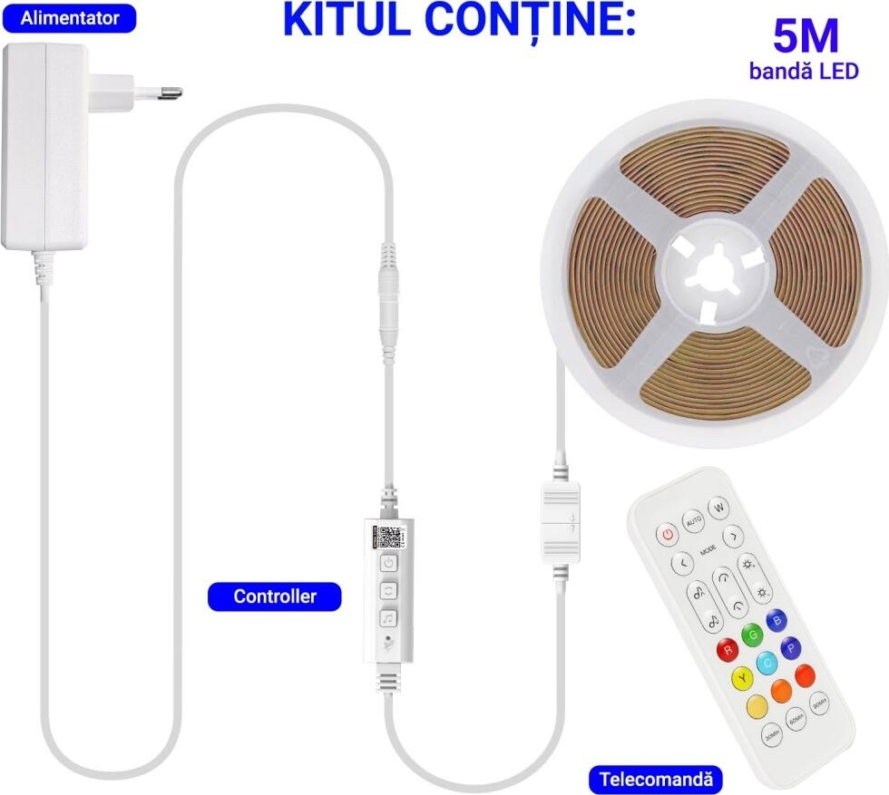 Kit Bandă LED ProLed COB RGB 5m, 24V, Lumină Continuă Fără Puncte, Control Smart App, Sincronizare Muzică, Unghi 180°, Autoadeziv 3M, Plug-and-Play