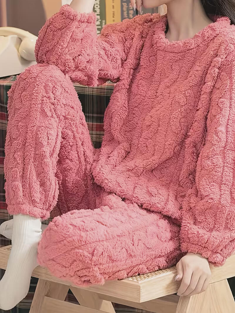 Set de pijamale din fleece pentru femei SANWOOD, roz, calduros, moale, cu mânecă lungă și pantaloni lungi, îmbrăcăminte de iarnă pentru dormit