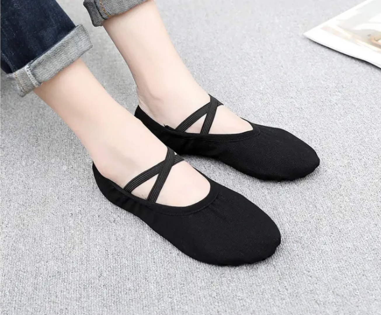 Pantofi de Dans Ballerina Globalsportdance pentru Gimnastică și Dans Ritmic, Negru, Mărime 27, din Pânză cu Chingă Elastică și Tală Suede Split Sole