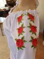 Benefis J 0346(4804) Women's National Moldavian Blouse, Shirt Fabric with Machine Floral Rose Embroidery, Lace Trim and Puffy Sleeves