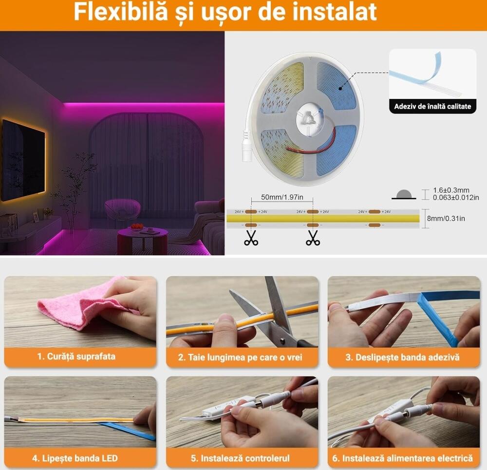 Kit Bandă LED ProLed COB RGB 5m, 24V, Lumină Continuă Fără Puncte, Control Smart App, Sincronizare Muzică, Unghi 180°, Autoadeziv 3M, Plug-and-Play
