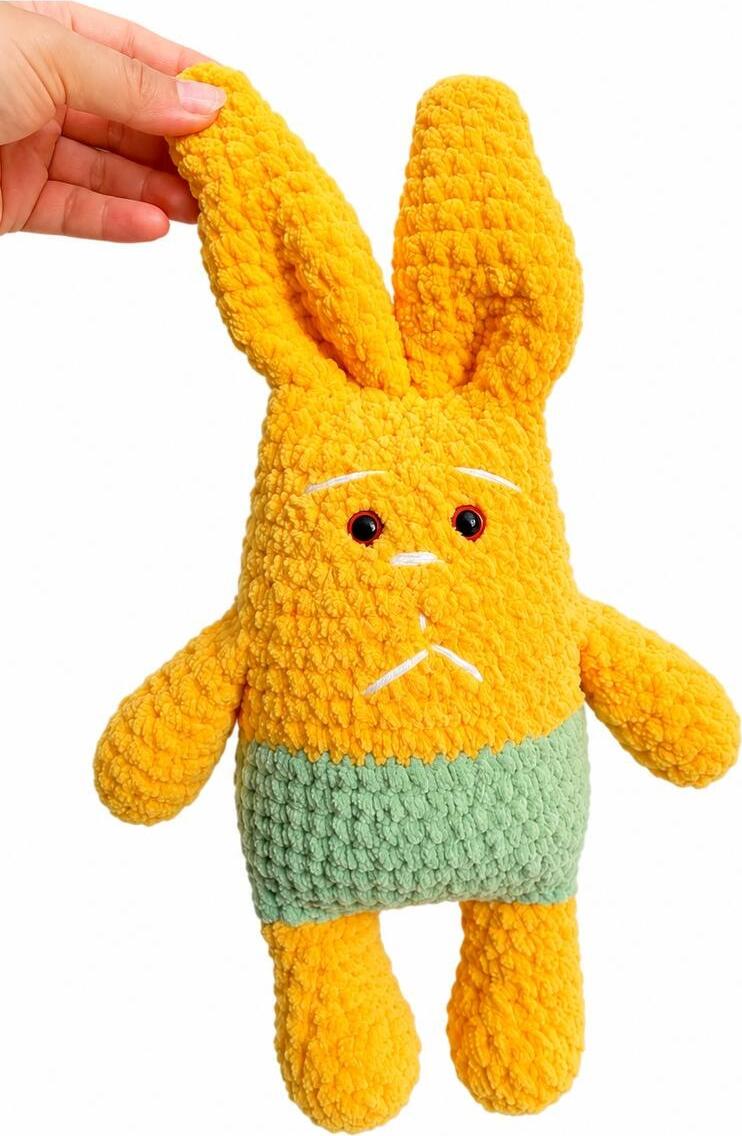 Iepure din Crochet lucrat Manual, Jucarie din Fir Plusat Moale, Galben si Verde, 30cm Inaltime, Cadou pentru Copii si Decoratiune Camera