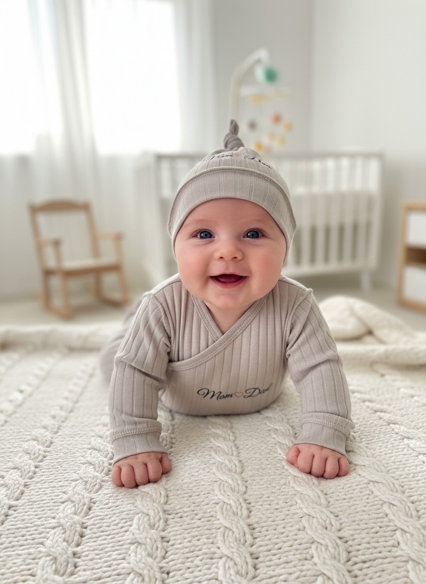 Set de îmbrăcăminte pentru bebeluș băiețel 100% bumbac Love Mom Dad Bluză și pantaloni Hipoalergenici Cusături exterioare Culoare nisip, 0-3 luni