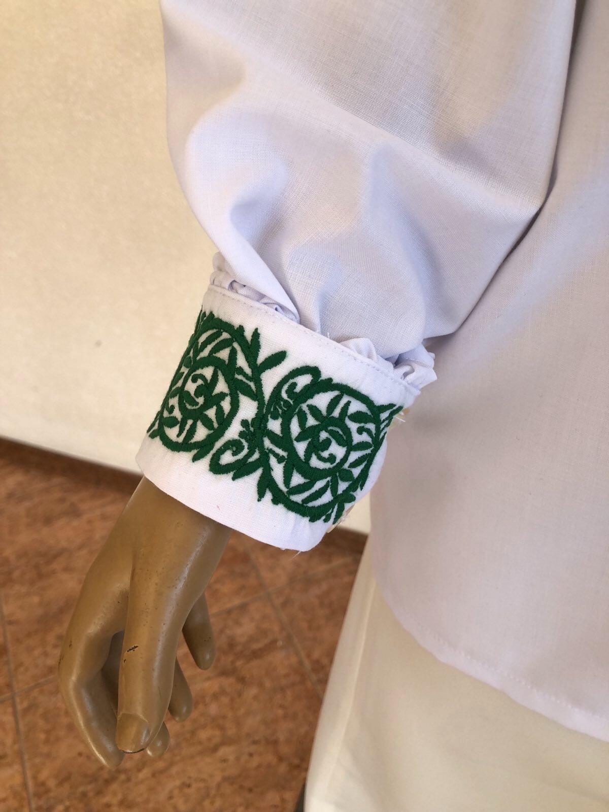 Benefis J 0382(6045) National Moldavian Boy's Shirt, White Magpie Fabric, Long Sleeve with Green and Yellow Machine Embroidery and Red Tassel Tie
